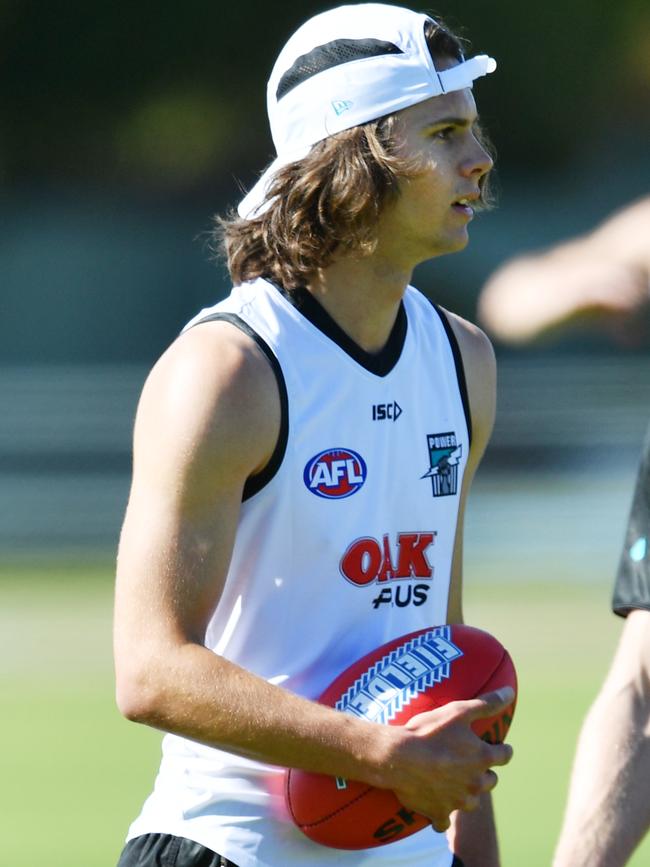 New recruit Riley Grundy of the Power at pre-season training at Alberton Oval on Monday. Picture: AAP Image/David Mariuz