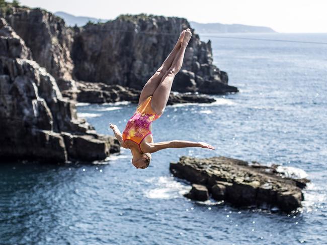 Helena Merten of Australia dives from the 28 metre platform during the first competition day of the eighth stop of the Red Bull Cliff Diving World Series, Shirahama, Japan.Picture: Dean Treml/Red Bull via Getty Images)