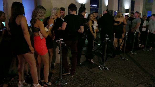 The queue builds while security checks are carried out at the GPO nightclub in Fortitude Valley. Picture: Jack Tran