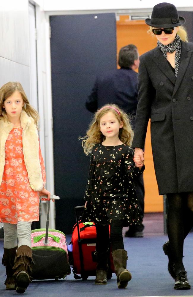 Nicole Kidman with daughters Sunday Rose and Faith Margaret at Sydney airport. Picture: Stephen Cooper