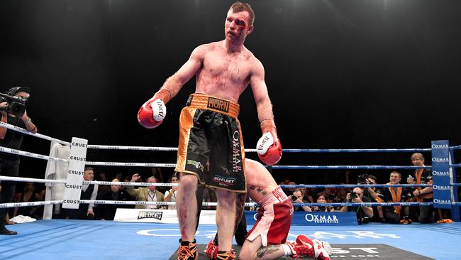 Jeff Horn dropped Michael Zerafa twice in the ninth round. Picture: Bradley Kanaris/Getty