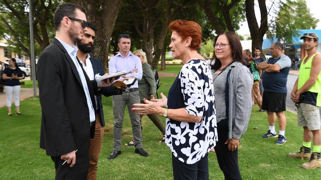 Pauline Hanson on the campaign trail in Berri with her COS James Ashby and local member Jennifer Game. Picture: Tricia Watkinson