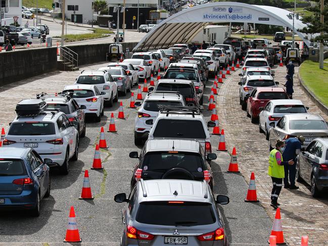 Health professionals are seen working on New Years Day at the Bondi Beach, Sydney Covid-19 drive thru testing site. Picture: Newscorp Daily Telegraph / Gaye Gerard