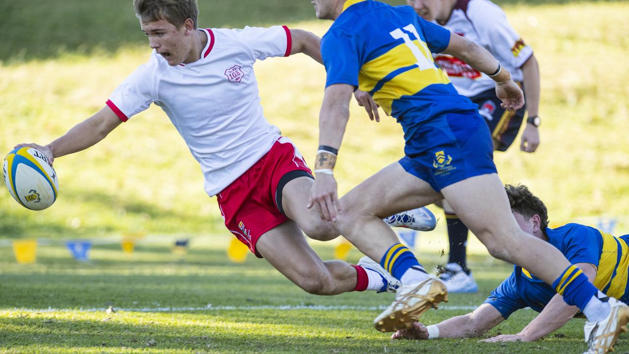 Marlon Frost gets a try for Ipswich Grammar School 1st XV against Toowoomba Grammar School 1st XV in GPS Queensland Rugby round two at TGS Old Boys Oval, Saturday, July 20, 2024. Picture: Kevin Farmer