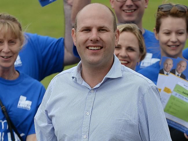 31/1/15 -  Liberal candidate for  Davenport  Sam Duluk (centre) with supporters at Flagstaff Hill Primary School. Photo Naomi Jellicoe