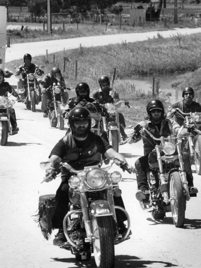 The Highwaymen and the Broke Boys arriving from Melbourne at Ponde music festival, organised by the Hells Angels MC at their property in 1995.