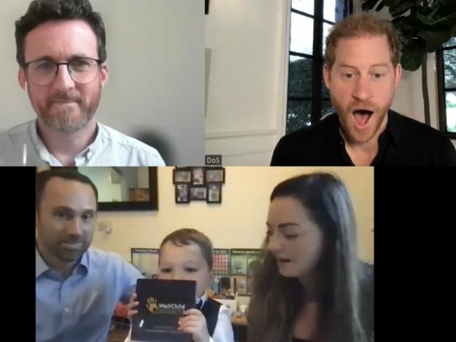 Prince Harry on a video call with a WellChild Award winner and his parents. Picture: Instagram/WellChild