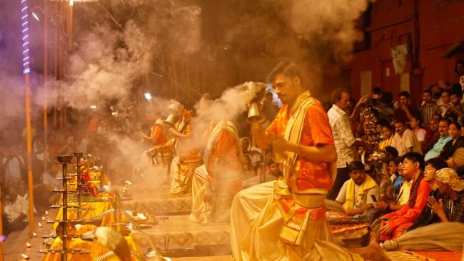 At sunrise, the Ganges comes alive as pilgrims flock to the ghats to perform sacred rituals and immerse themselves in the holy waters. Picture: Kate Webster.