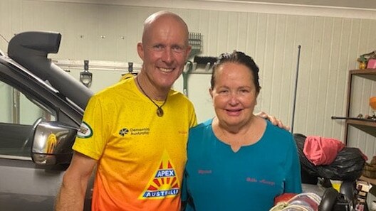 Goondiwindi man David Batterham, left, with his wife Judy Batterham as begins his gruelling 1000km bike trek to raise awareness for dementia, 11 November, 2021