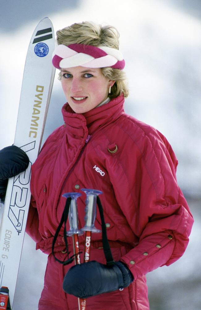 Ski style icon Princess Diana, on the slopes of Switzerland. Picture: Getty Images