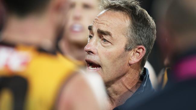 Clarkson rallies his troops against Essendon in Launceston last month. Picture: AFL Photos/via Getty Images