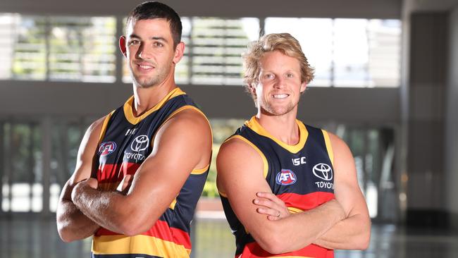  The Crows co-captains and good mates Taylor Walker and Rory Sloane at West Lakes on Tuesday Picture Dean Martin