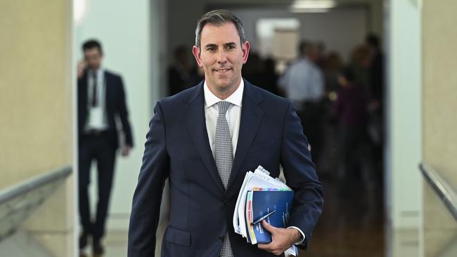 Treasurer Jim Chalmers arrives to speak to members of the media during the budget lockup at Parliament House. Picture: Getty Images