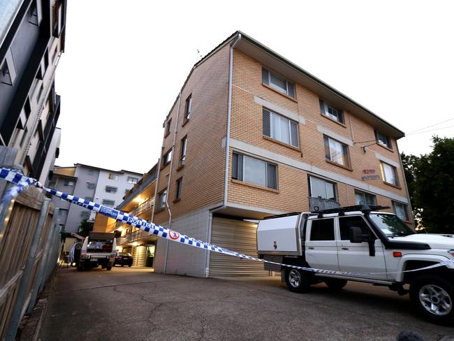 Police at the inner northern Brisbane unit block where Wendy Sleeman’s body was found. Picture: David Clark