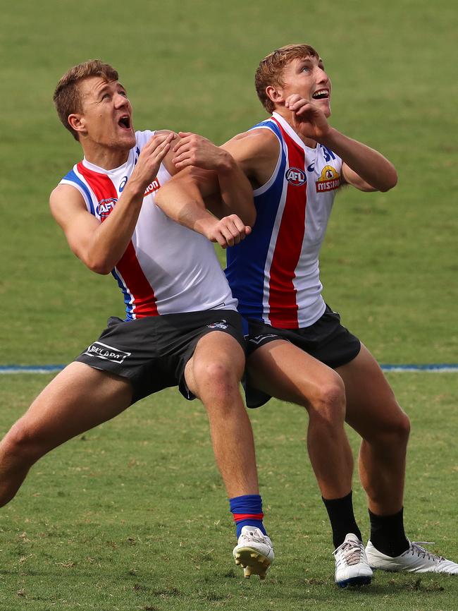 Jack Macrae wrestles with Bailey Dale at training. Picture: Michael Klein