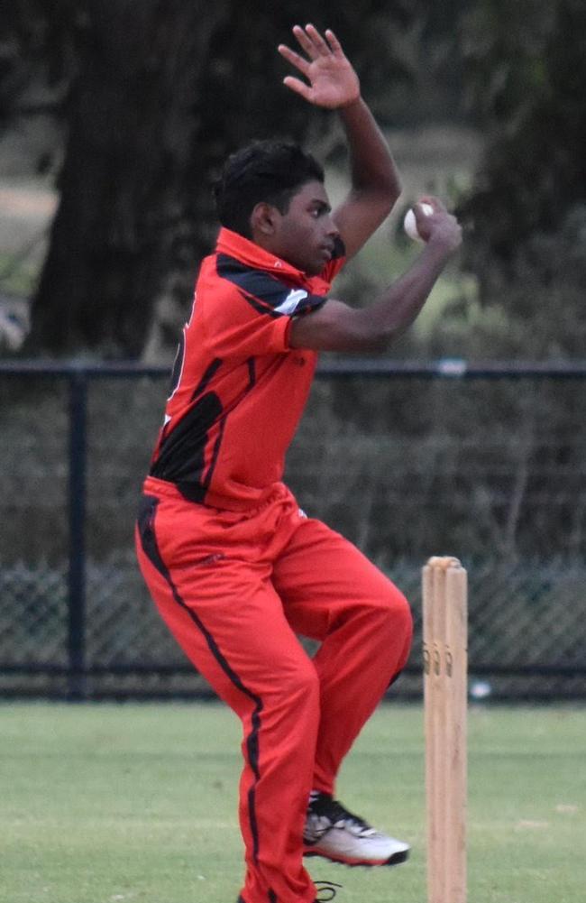 Caleb Candappa bowling for Moorabbin.