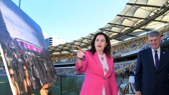 Premier Annastacia Palaszczuk and Minister for Sport Stirling Hinchliffe look at artist impressions of a rebuild of the Gabba planned for the 2032 Olympic and Paralympic Games. Picture: NCA NewsWire / Dan Peled