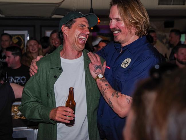 Lee and Buckingham share a laugh at the unofficial opening of Old Mates. Picture: Matt Davies