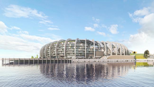 Concept drawings of a new design for a Macquarie Point Stadium by the Stadia Precinct Consortia led by Dean Coleman and Paul Lennon. Picture: SolutionsWon