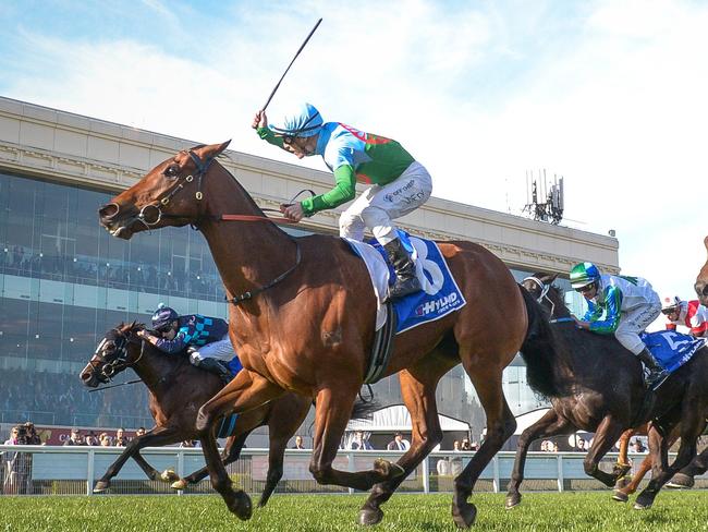 Tuvalu ridden by Jarrod Fry wins the Hyland Race Colours Toorak Handicap at Caulfield Racecourse on October 08, 2022 in Caulfield, Australia. (Photo by Reg Ryan/Racing Photos via Getty Images)