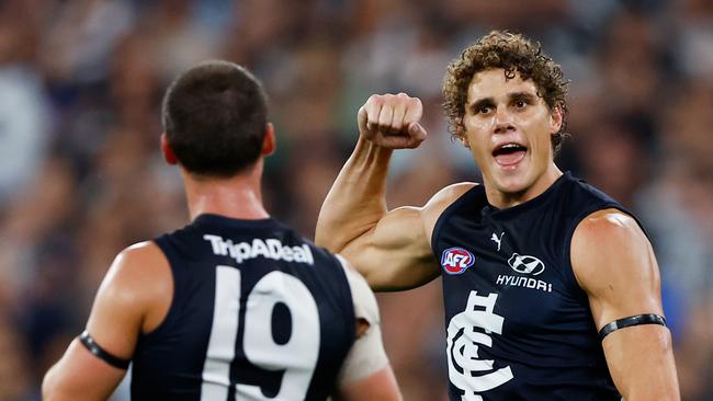 The Blues took 17 marks inside 50m against Geelong on Friday night. Picture: Getty Images