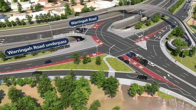 An artist’s impression of the completed upgrade to the Warringah Rd/Forest Way intersection showing the underpass now under construction. Source: RMS