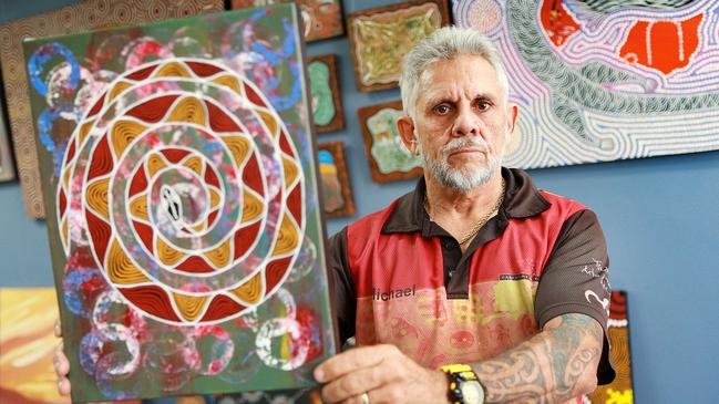 Indigenous artist Michael Connolly at in his studio in Clontarf. Photo: AAP/Image Sarah Marshall