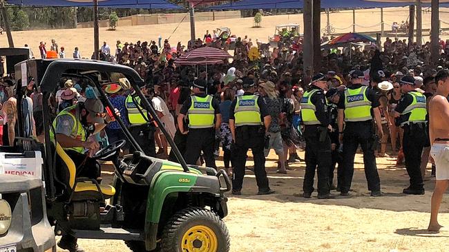 Medical staff and police keep a close on eye on the crowd at the Rainbow Serpent Festival.