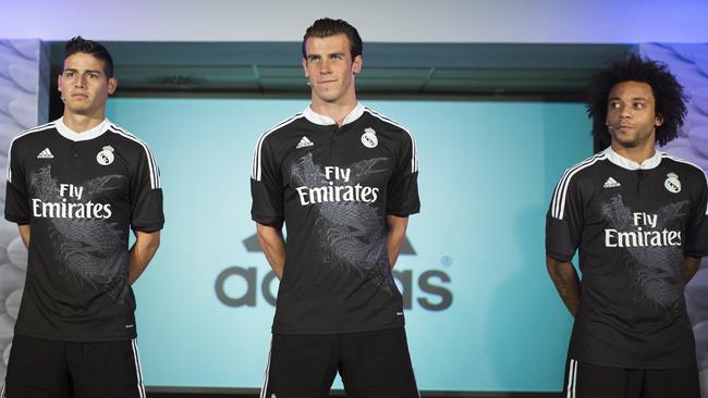 Real's James Rodriguez, left, Gareth Bale, centre and Marcelo.