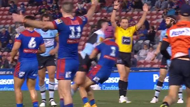 Cronulla half Chad Townsend was sent off against the Knights in Round 17 for a shoulder charge on Kalyn Ponga.