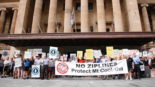 About 150 protesters gathered outside City Hall on Tuesday morning to rally against council's approval of its own zipline development application.