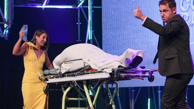 Syd Con. KIIS FM Melbourne breakfast team Jase and PJ make fun of Kyle Sandilands on stage at the Australian Commercial Radio Awards in Melbourne last night. Pic: Supplied