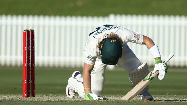 Pucovski is struck on the helmet against India A at the start of the week. Picture: Getty Images