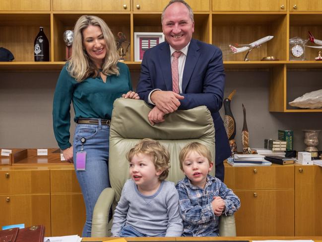 The pair with sons Sebastian and Thomas in Mr Joyce’s office at Parliament House in Canberra. Picture: NCA NewsWire / Martin Ollman