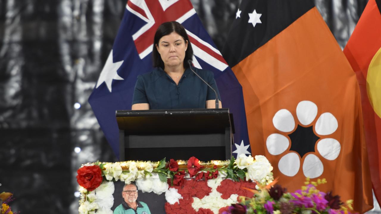 Chief Minister Natasha Fyles speaking at the state funeral for Dr Bush Blanasi on Friday, December 15.