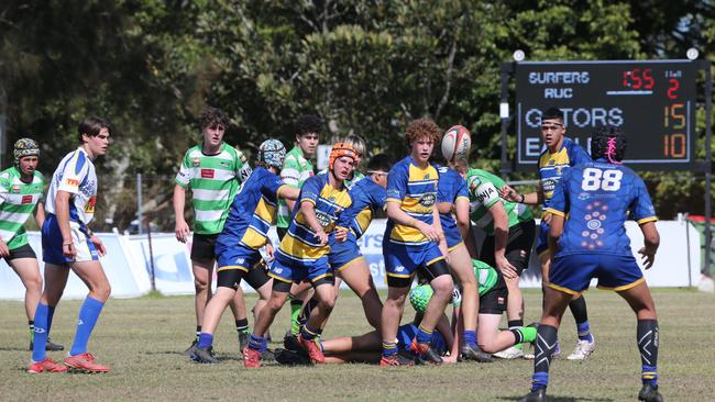 Action galleries of the junior rugby union grand finals, match played at Surfers Paradise Home Ground. Gold Coast Eagles Vs Currumbin Alligators under 16s division. Picture Mike Batterham