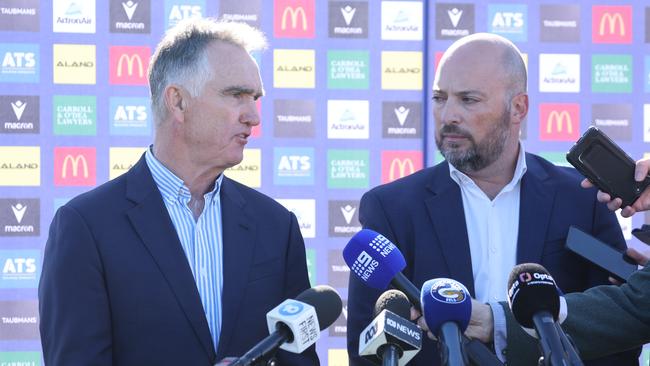 The Daily Telegraph. 21.5.2024 Parramatta Eels Chairman, Sean McElduff (left) and Parramatta Eels CEO, Jim Sarantinos (right) at the Parramatta Eels  training facilities in Kellyville. Picture: Rohan Kelly