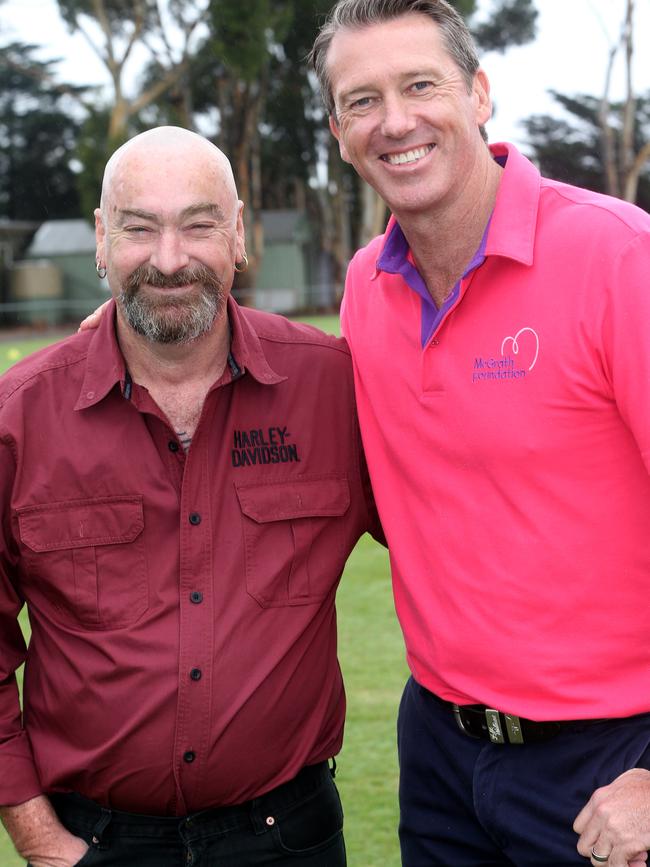 Glenn McGrath with Lara male breast cancer survivor Damian O’Malley. Picture: Glenn Ferguson