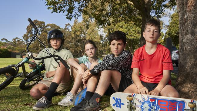 Local children Harry, 12, Imogen, 12, Ryan, 11, and Mylo, 10 at Newland Park where the council recently considered a wheel park. Picture: Matt Loxton