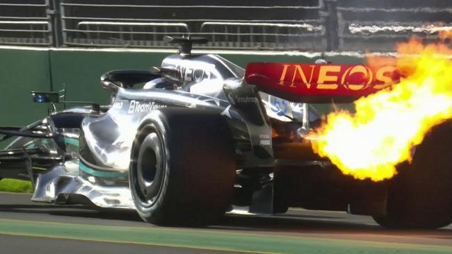 George Russell car on fire in F1