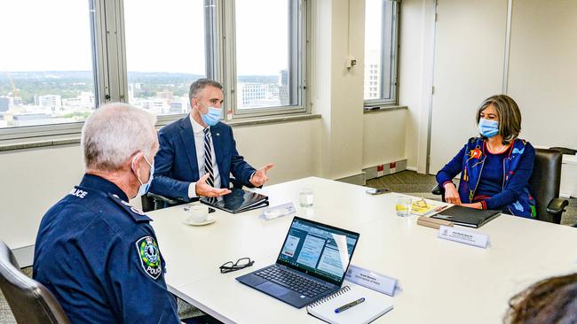 Premier Peter Malinauskas chairs the first Emergency Management Council Cabinet Sub-Committee meeting last year with Police Commissioner Grant Stevens and chief public health officer Nicola Spurrier. Picture: NCA NewsWire / Brenton Edwards
