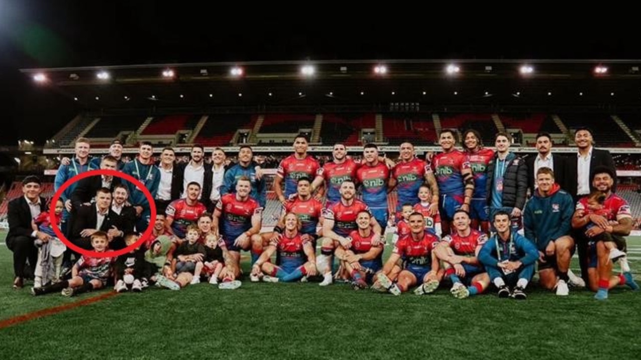 Jayden Brailey (circled) and the Knights squad following their elimination final win.