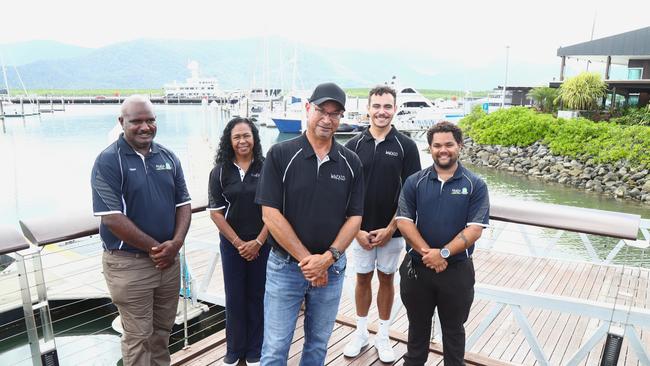 Isaac Ghee from Malu Ventures: Torres Strait, Wakaid's Ann-Maree Titasey, director Frank Aragu, Kyasi Aragu and Malu Ventures mentor Quinn Ross-Passi in Cairns for the announcement of support for First Nations-led training. Picture: Peter Carruthers