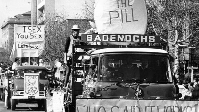 Students participate in an Adelaide University procession in support of the contraceptive pill in 1964. Picture: Vern Thompson