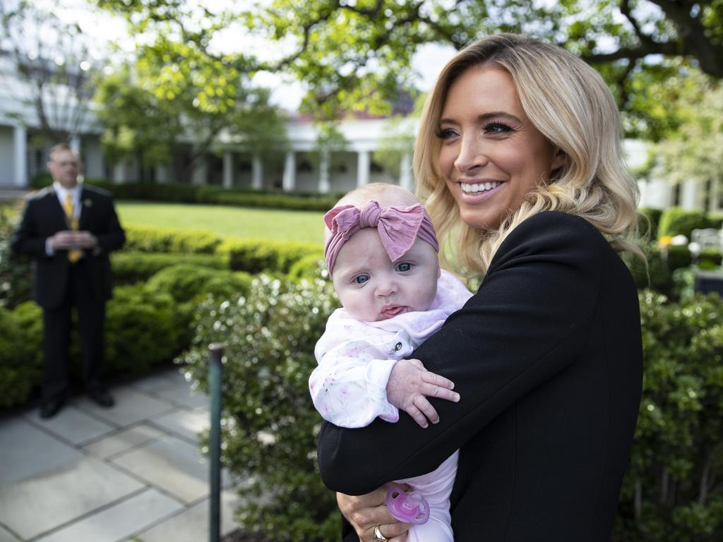 White House press secretary Kayleigh McEnany holds her baby Blake Avery Gilmartin on the South Lawn of the White House. Picture: AP Photo/Alex Brandon