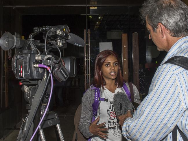 Grace Nathan, among relatives of passengers of a missing Malaysia Airlines flight MH370, address the media during their arrival at the Ivato International Airport in Antananarivo, Madagascar. Picture: AP.