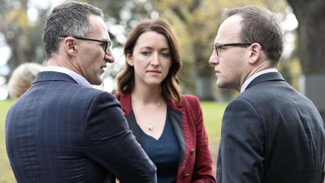 Greens Leader Senator Richard Di Natale, Greens candidate for Melbourne Ports Steph Hodgins-May and Greens Member for Melbourne Adam Bandt. Picture: Andy Brownbill