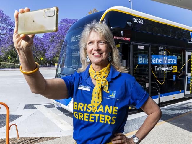 Brisbane Greeter Maree Trappett at UQ Lakes Station, St Lucia for Brisbane Metro ride, Saturday, October 12, 2024 - Picture: Richard Walker