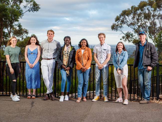 COVID 19 Kids. Macie Roberts 18, Madeline Ryan 18, Kaine Baldwin 18, Awur Deng 17, Kimberlyn Selvan 17, Sam Nitschke 17, Tilly Thomas 18 and Toby Judd 17, pictured at Windy Point on January 4, 2021. Picture Matt TURNER.