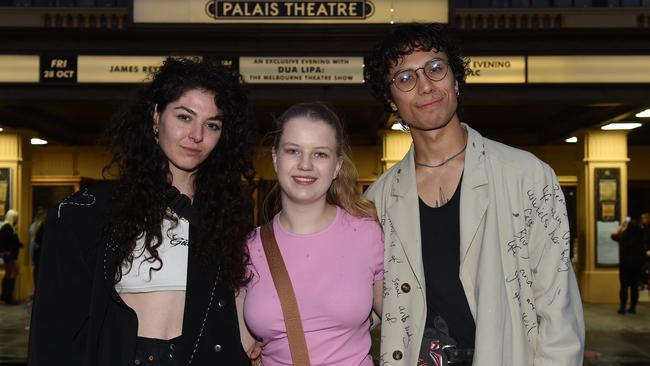 Zoe Dubuc, Caitlin Dyson and Ben Siva at Dua Lipa show at Palais Theatre. Picture: Josie Hayden.<br/>